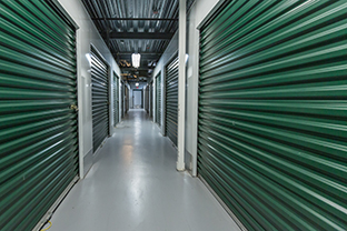 Storage doors. Building interior.Industrial storage in the city. Green doors.