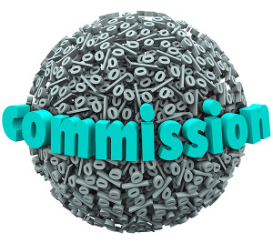 The word Commission on a 3d ball or sphere of percentage signs or symbols to illustrate earning a special bonus payment through sales or referrals